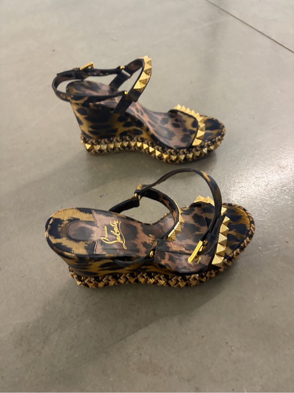 CHRISTIAN LOUBOUTIN PYRACLOU LEOPARD GOLD STUDDED ESPADRILLE WEDGE SANDALS SIZE
